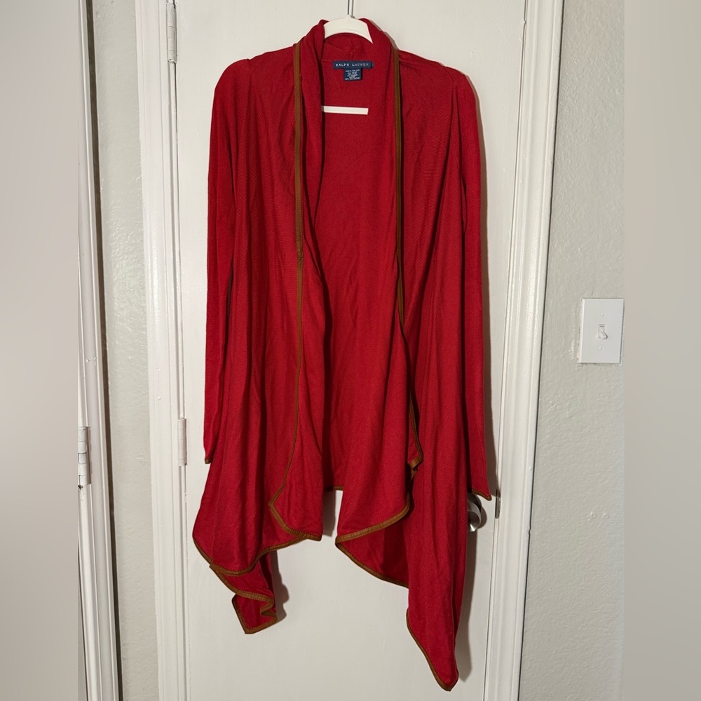 Ralph Lauren Drape Open Cardigan Leather Trim Red Women's Sweater Size M